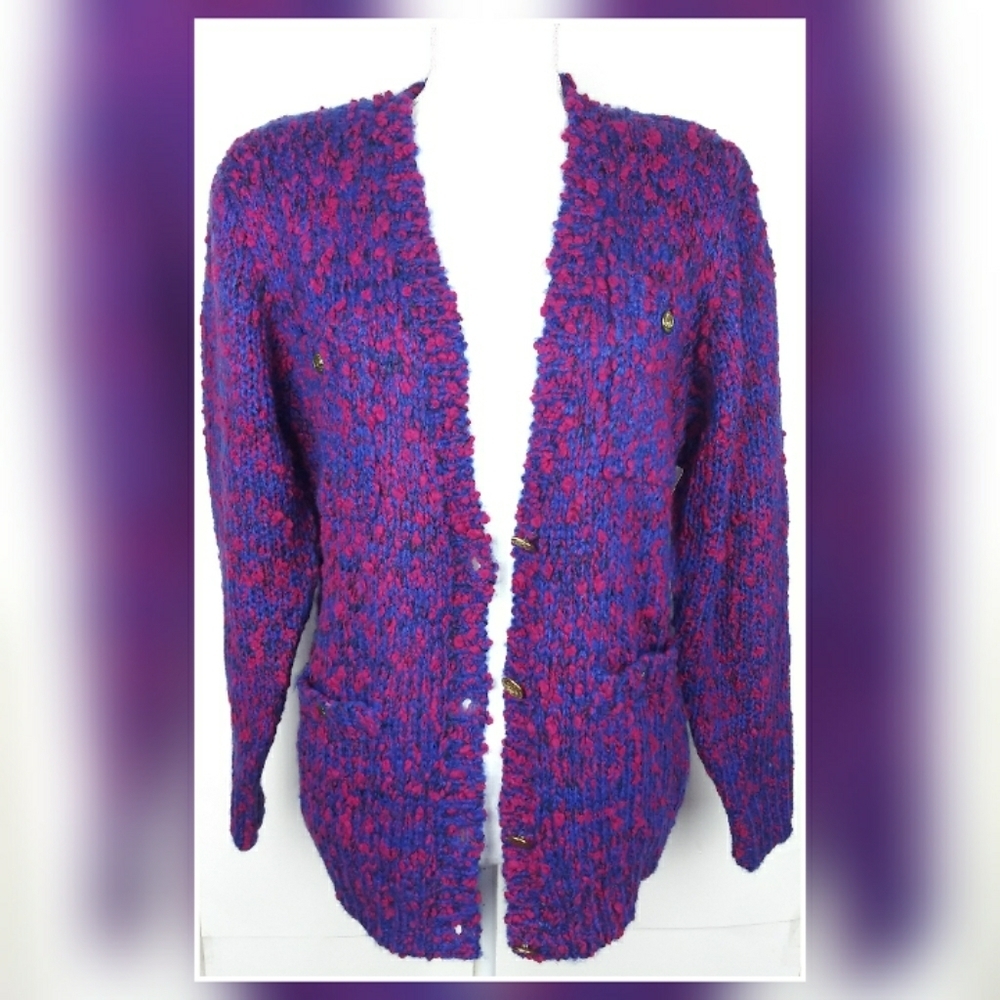 Naomi Bee magenta/blue boucle knit button sweater